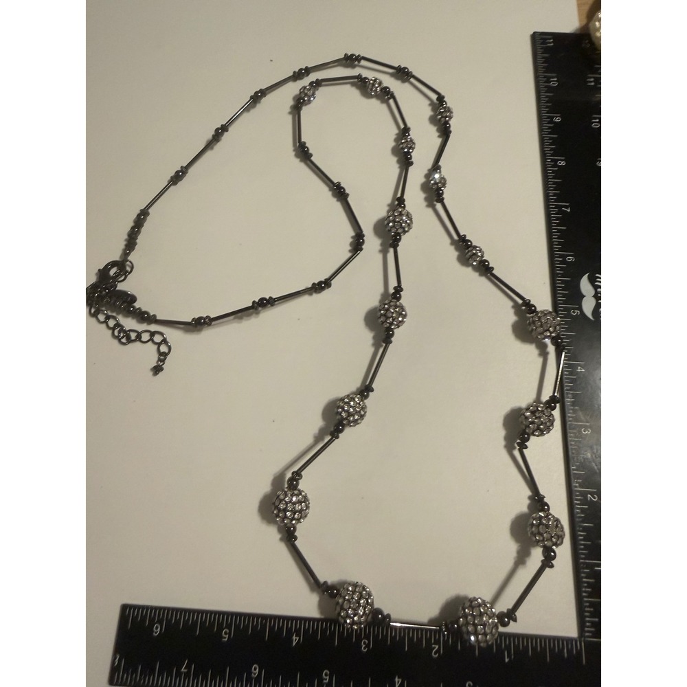 Chicos Gunmetal Pave Disco Ball Station‎ Necklace Long Crystal Bead Bar Link